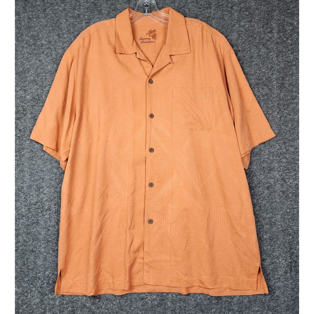 Tommy Bahama Camp Shirt Mens Large Orange 100% Silk Jacquard Leaf Wood Button